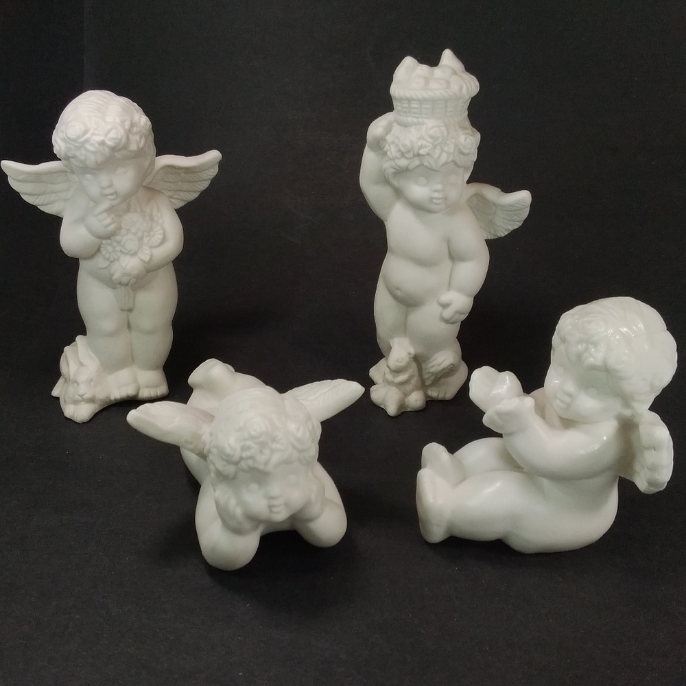 Vigor Set of 4 White Angel Cherub Figurines Bunny Flowers Squirrel Fruit Vintage